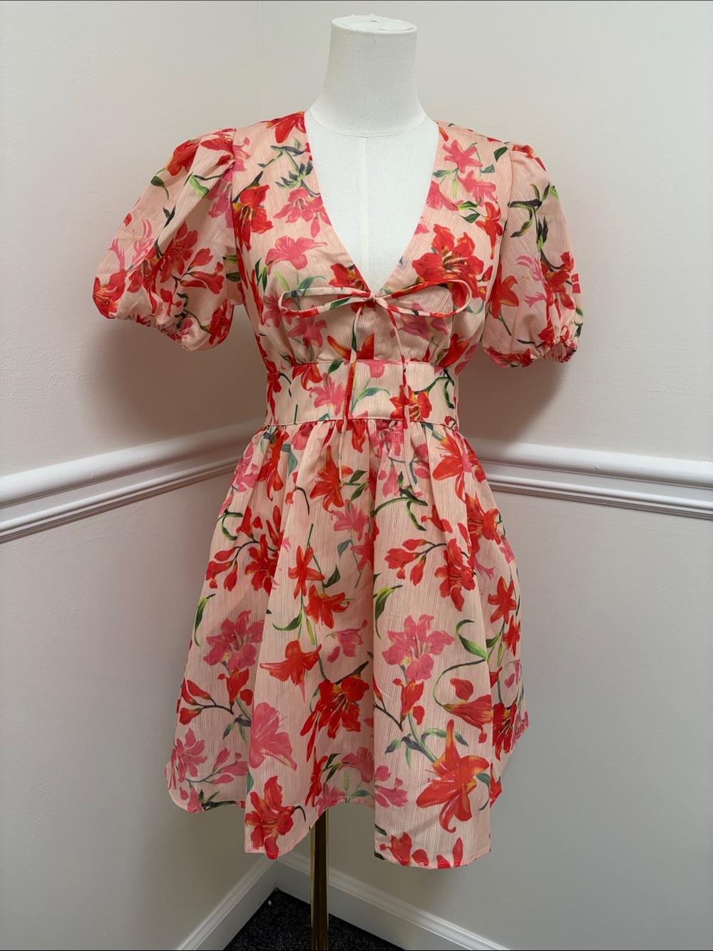 Main Strip Pink Dress with Red Floral Print